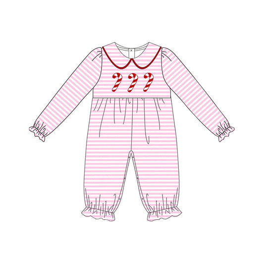 Preorder LR1441 NO MOQ Christmas Cane doll collar pink striped long sleeve onesie