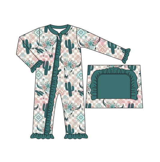 Preorder LR1446 NO MOQ Cactus Alpine bull head geometry plaid green lace zipper long-sleeved onesie