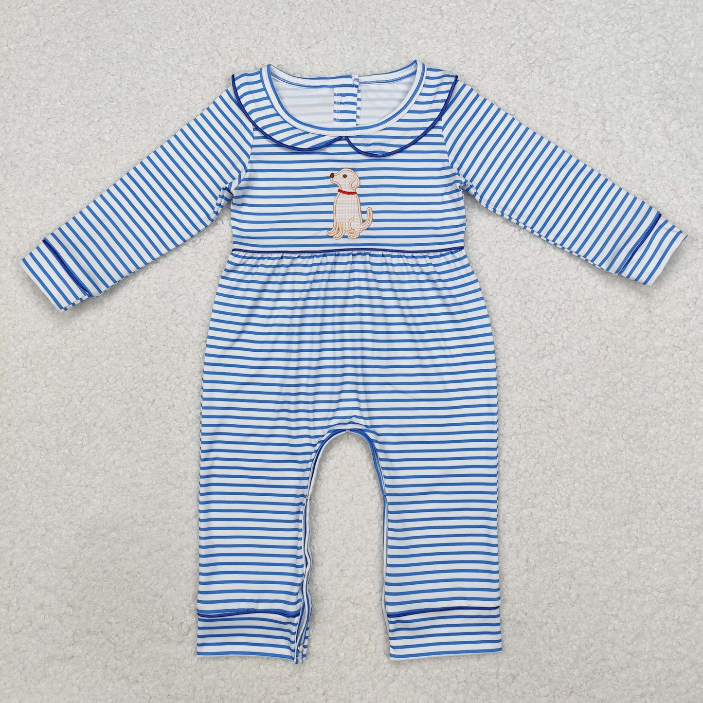 LR1447 NO MOQ Embroidered Puppy Blue Striped Doll Collar Long-Sleeved Boys Romper RTS 202512
