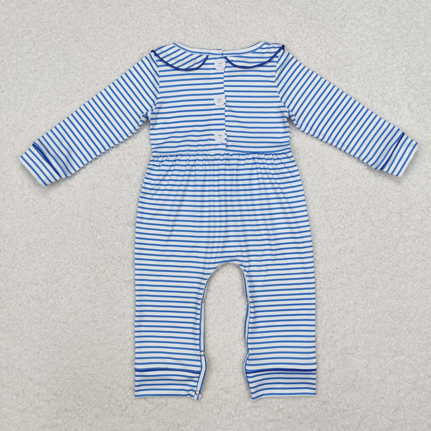 LR1447 NO MOQ Embroidered Puppy Blue Striped Doll Collar Long-Sleeved Boys Romper RTS 202512