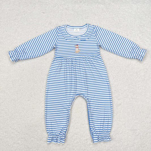 LR1448 Embroidered girl puppy striped doll collar blue and white long sleeve onesie high quality