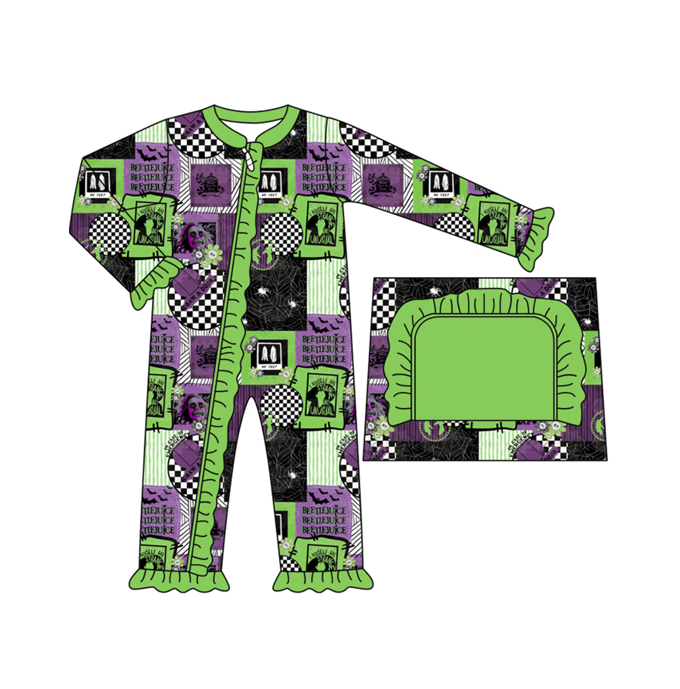 Preorder LR1450 NO MOQ Halloween Lace plaid purple-green zip-up long-sleeved onesie