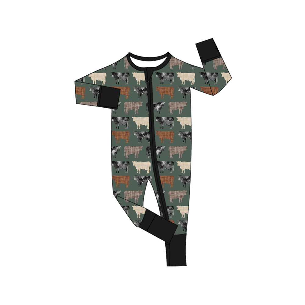 Preorder LR1454 NO MOQ Cow green zipper long-sleeved onesie