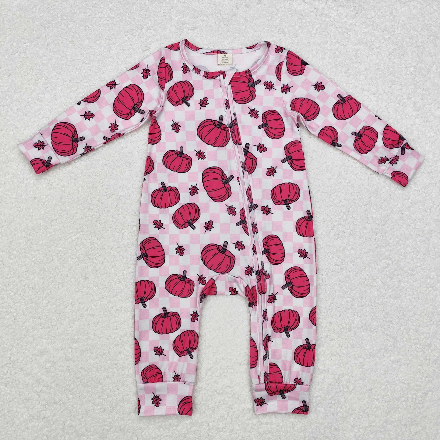 LR1456 Modal rose red pumpkin leaf checkered zipper long sleeve onesie High quality