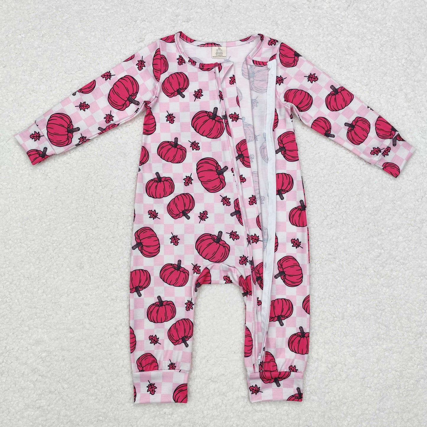 LR1456 Modal rose red pumpkin leaf checkered zipper long sleeve onesie High quality