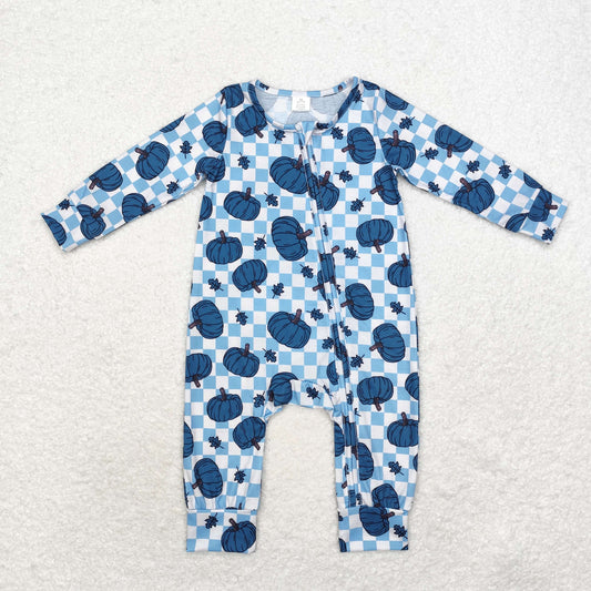 LR1457 Modal blue pumpkin leaf checkered zipper long-sleeved onesie