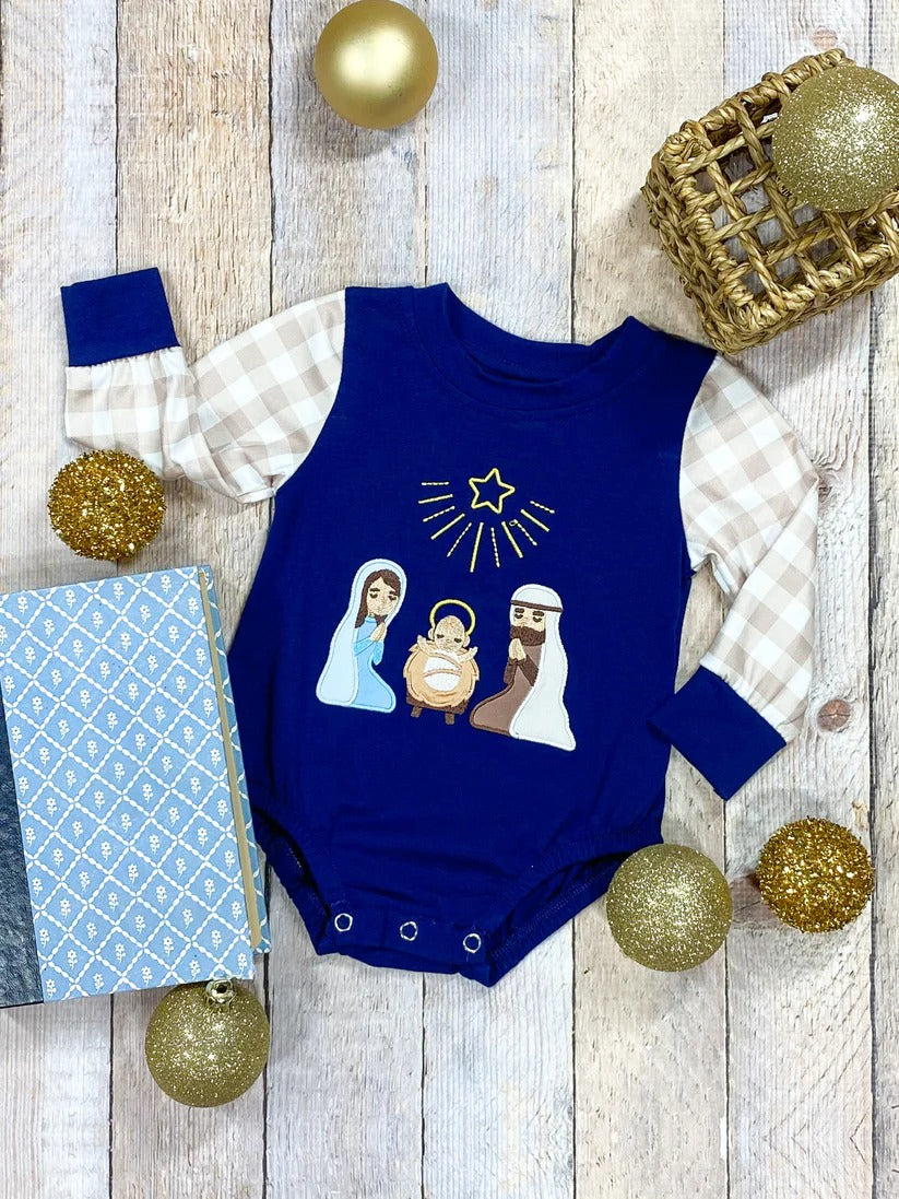 Preorder LR1472 NO MOQ Jesus checked blue long-sleeved onesie