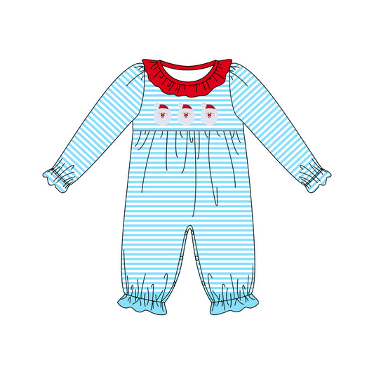 Preorder LR1474 NO MOQ Santa long sleeve onesie with blue stripes and red lace