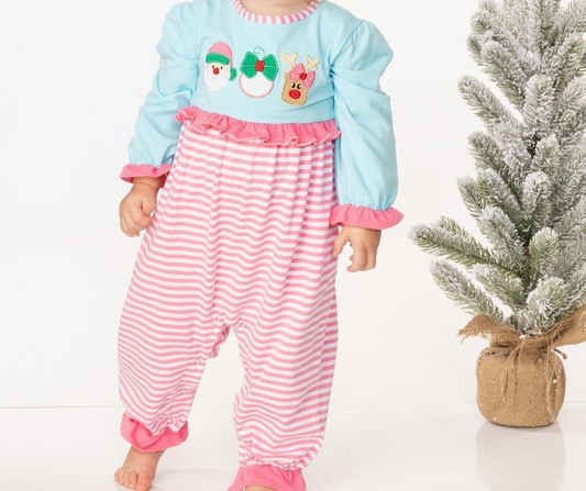 Preorder LR1476 NO MOQ Santa Reindeer Pink Lace stripes Blue long sleeve onesie