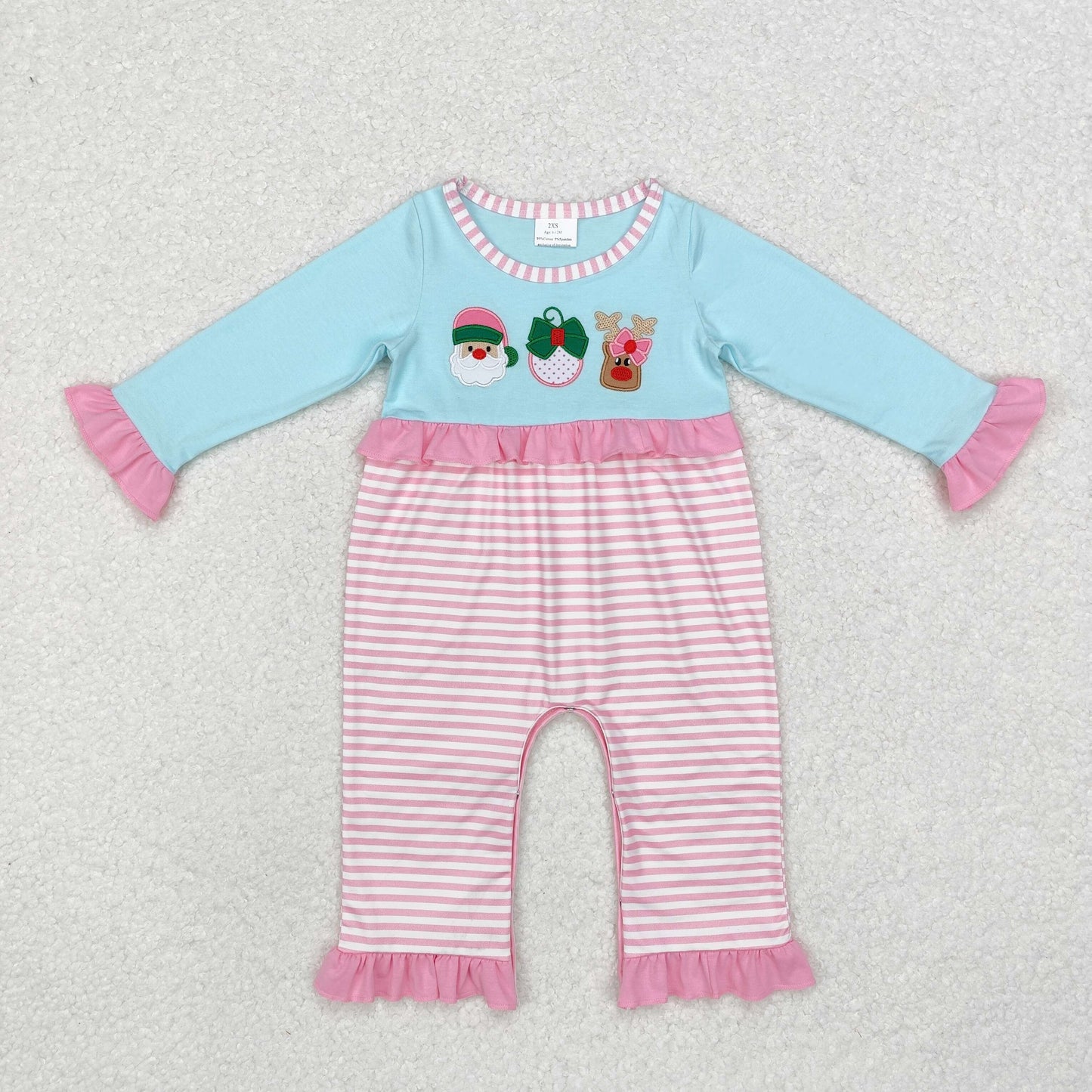 LR1476 Embroidered Santa Reindeer Pink lace striped blue long-sleeved onesie