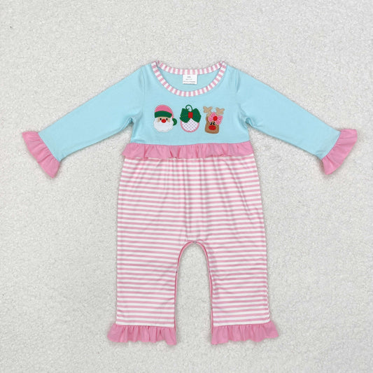 LR1476 Embroidered Santa Reindeer Pink lace striped blue long-sleeved onesie