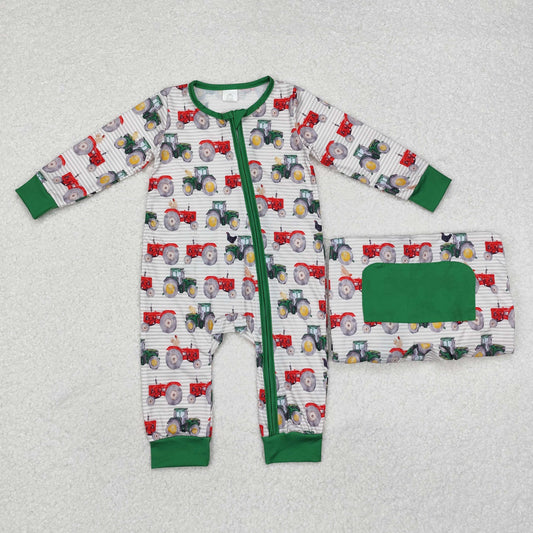 LR1480 Modal Tractor striped green hem zipper long-sleeved onesie