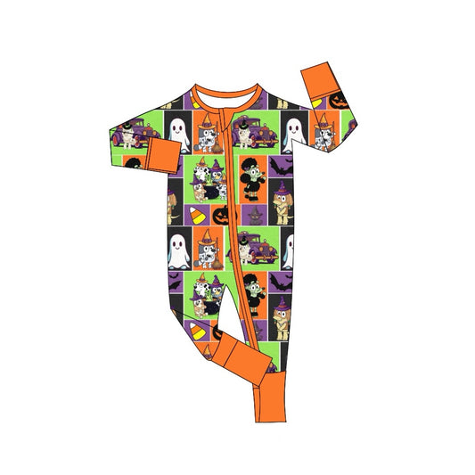 Preorder LR1485 NO MOQ bluey Halloween Candy Pumpkin Purple green Orange checkered zip-up long-sleeved onesie