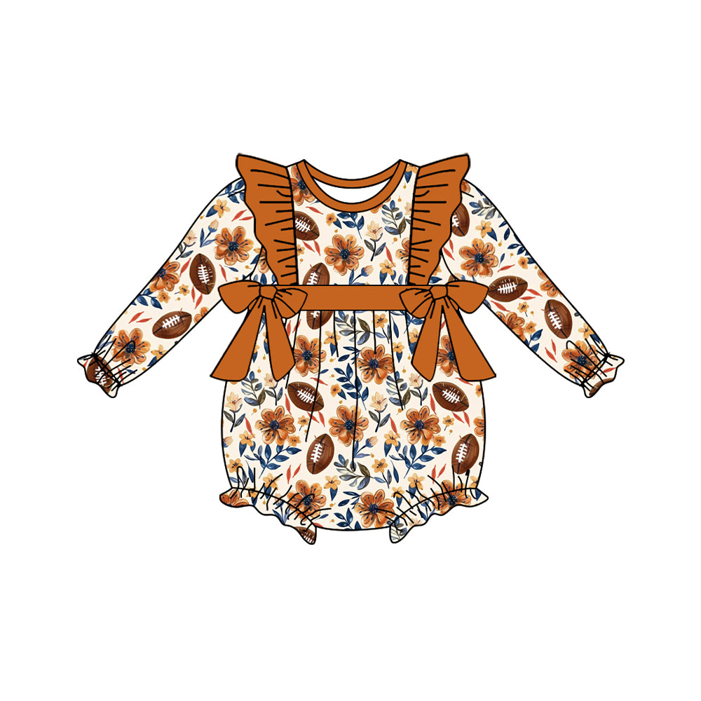 Preorder LR1490 NO MOQ Rugby Flower leaves Orange lace bow long sleeve onesie