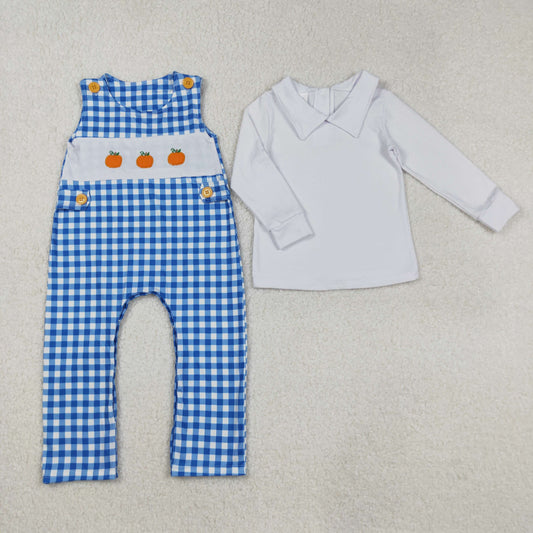 LR1501 Thanksgiving Pumpkin Blue Plaid Sleeveless Rompers with White Doll Collar Long-Sleeved Boys t Shirts 202509 RTS