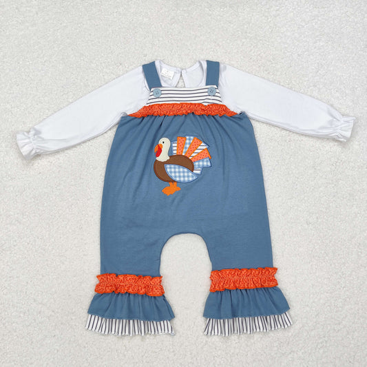 LR1504 Embroidered Thanksgiving Turkey Ruffle Long Sleeve Shirts with Rompers Girls Sets RTS 202509