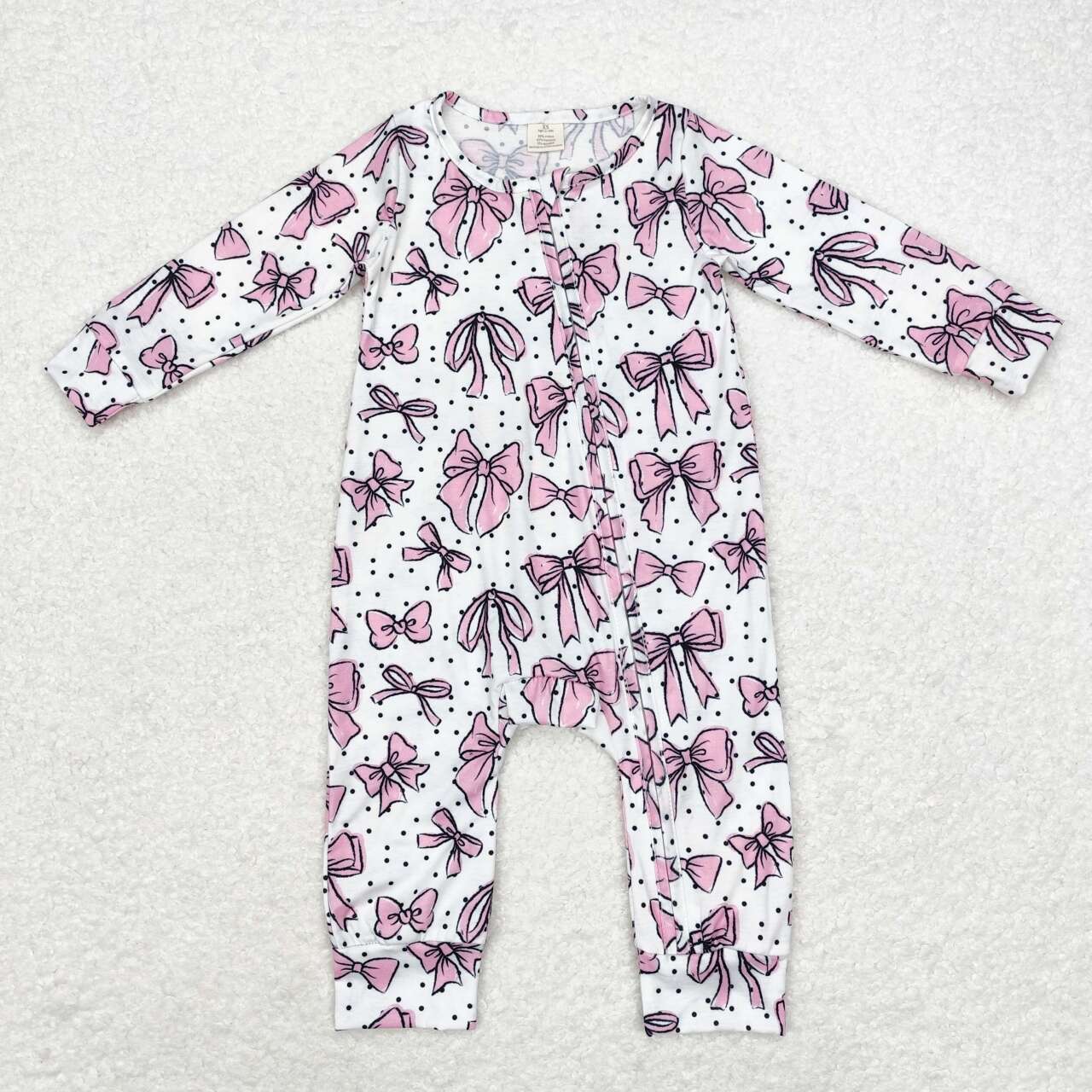 LR1512 Modal bow pattern white zip-up long-sleeved onesie