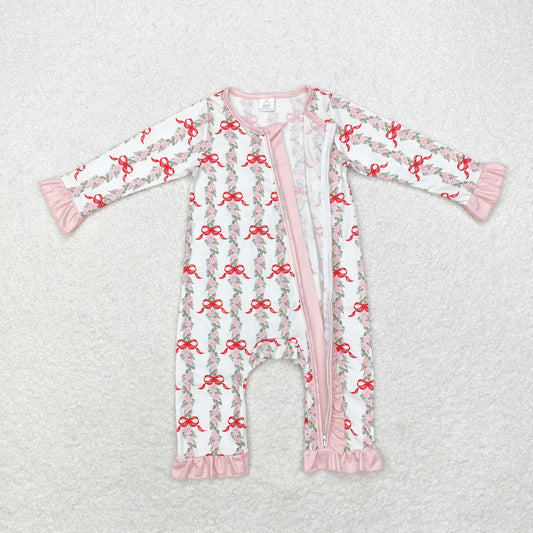 LR1517 Modal flower leaf bow pattern Pink lace white zipper long-sleeved onesie