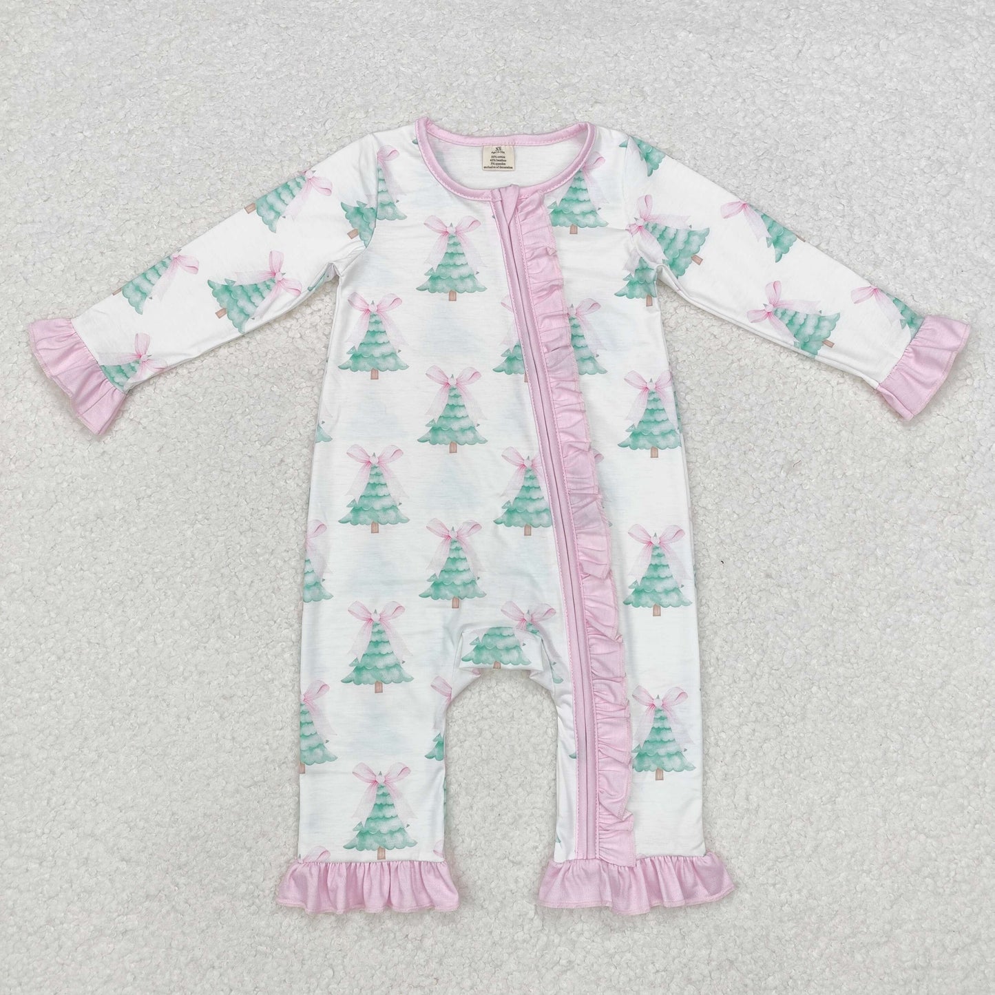 LR1518 Modal Christmas tree bow pattern Pink lace white zipper long-sleeved onesie