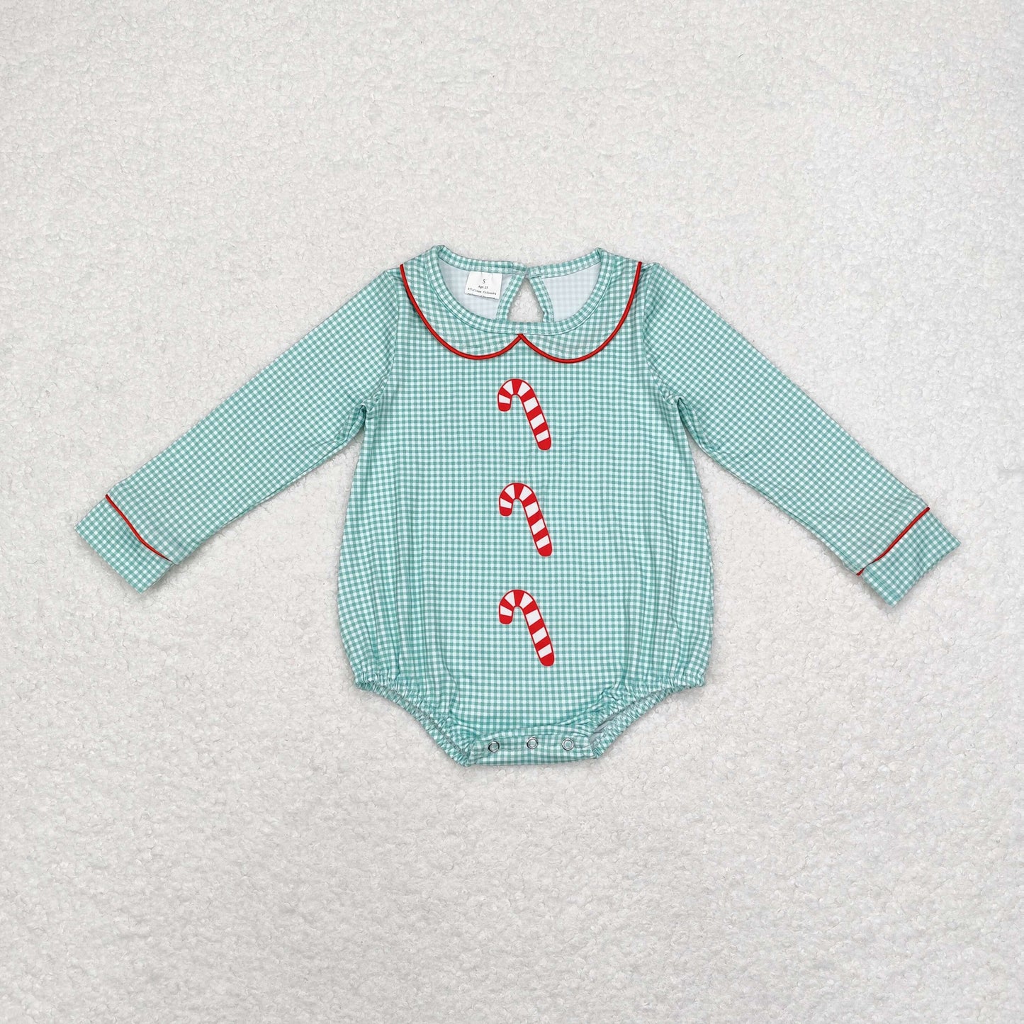 LR1519 Christmas cane green plaid doll collar long-sleeved onesie