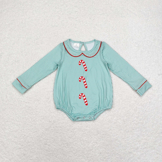 LR1519 Christmas cane green plaid doll collar long-sleeved onesie