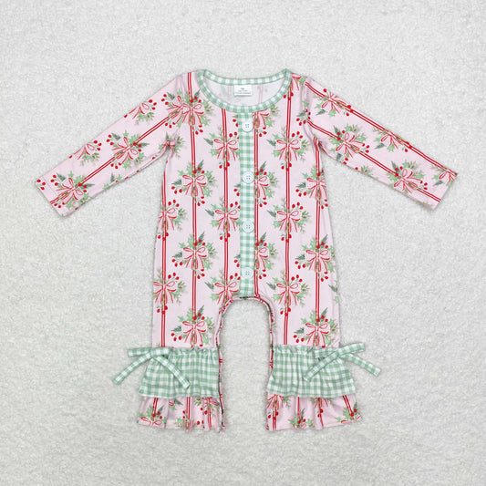 LR1544 Christmas bow pattern Green plaid lace pink button long-sleeved onesie