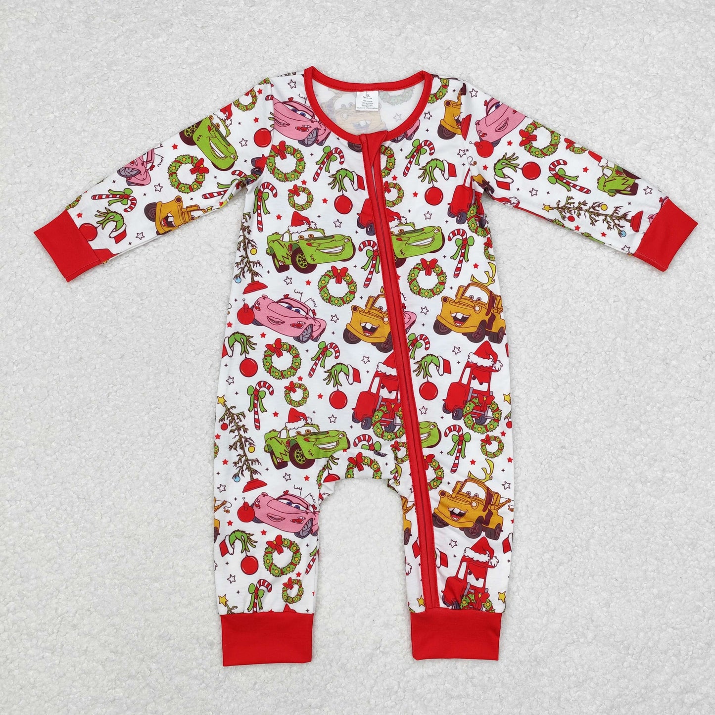 LR1559 cars Modal Christmas cartoon car red and white zip-up long sleeve onesie