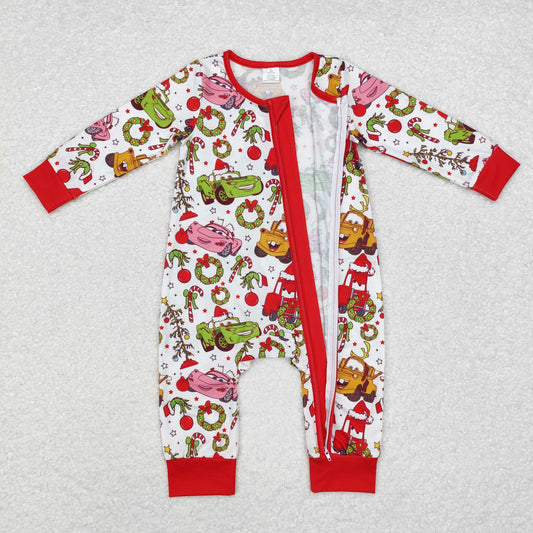 LR1559 cars Modal Christmas cartoon car red and white zip-up long sleeve onesie