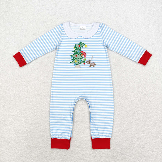 LR1564 Embroidered Christmas tree pattern blue and white striped lead long-sleeved onesie