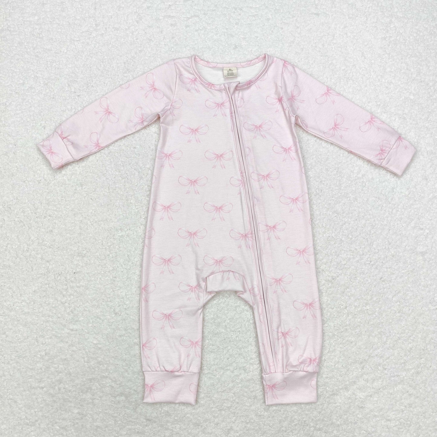 LR1579 Modal pink bow print long-sleeved zipper onesie