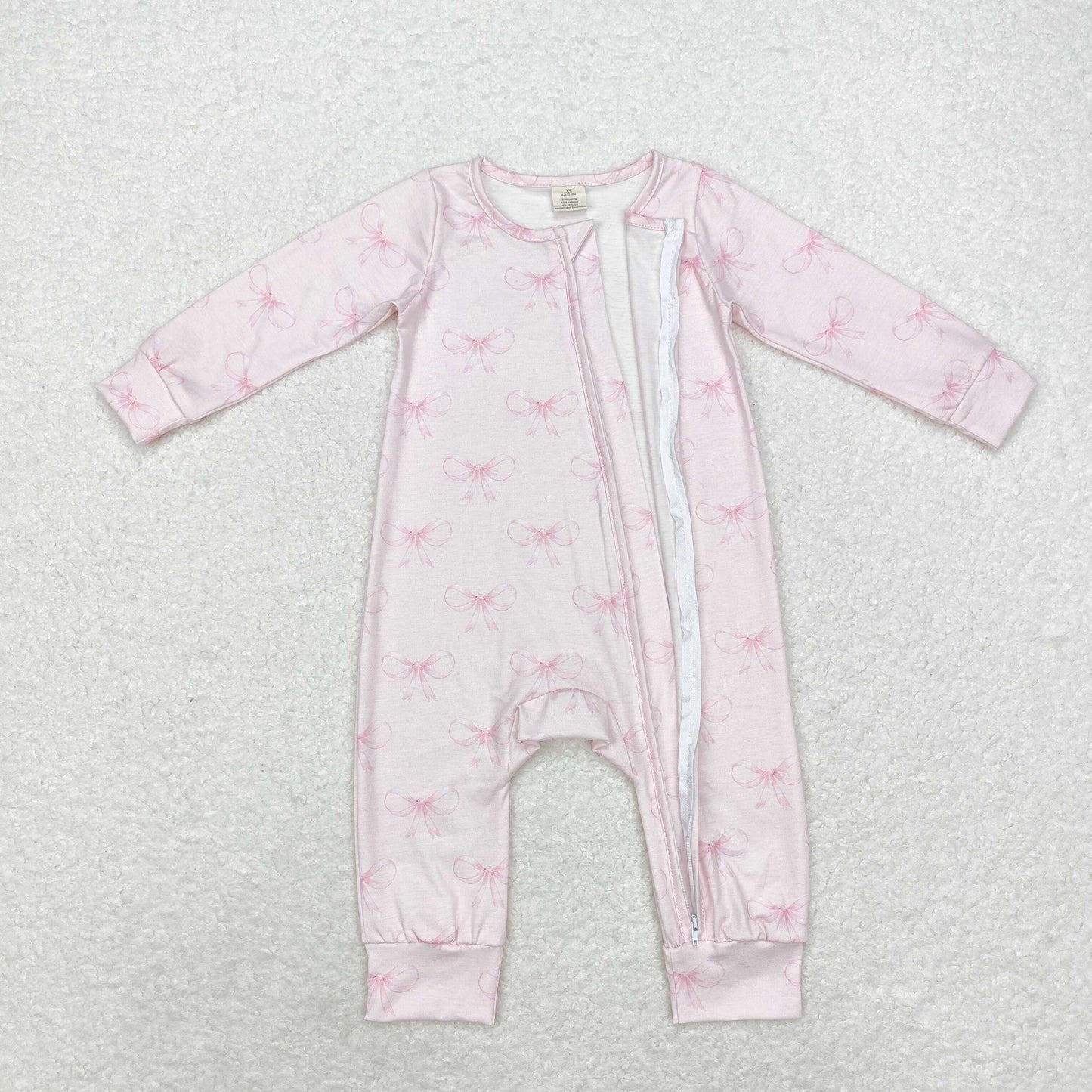 LR1579 Modal pink bow print long-sleeved zipper onesie