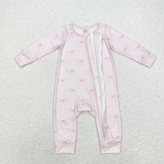 LR1579 Modal pink bow print long-sleeved zipper onesie