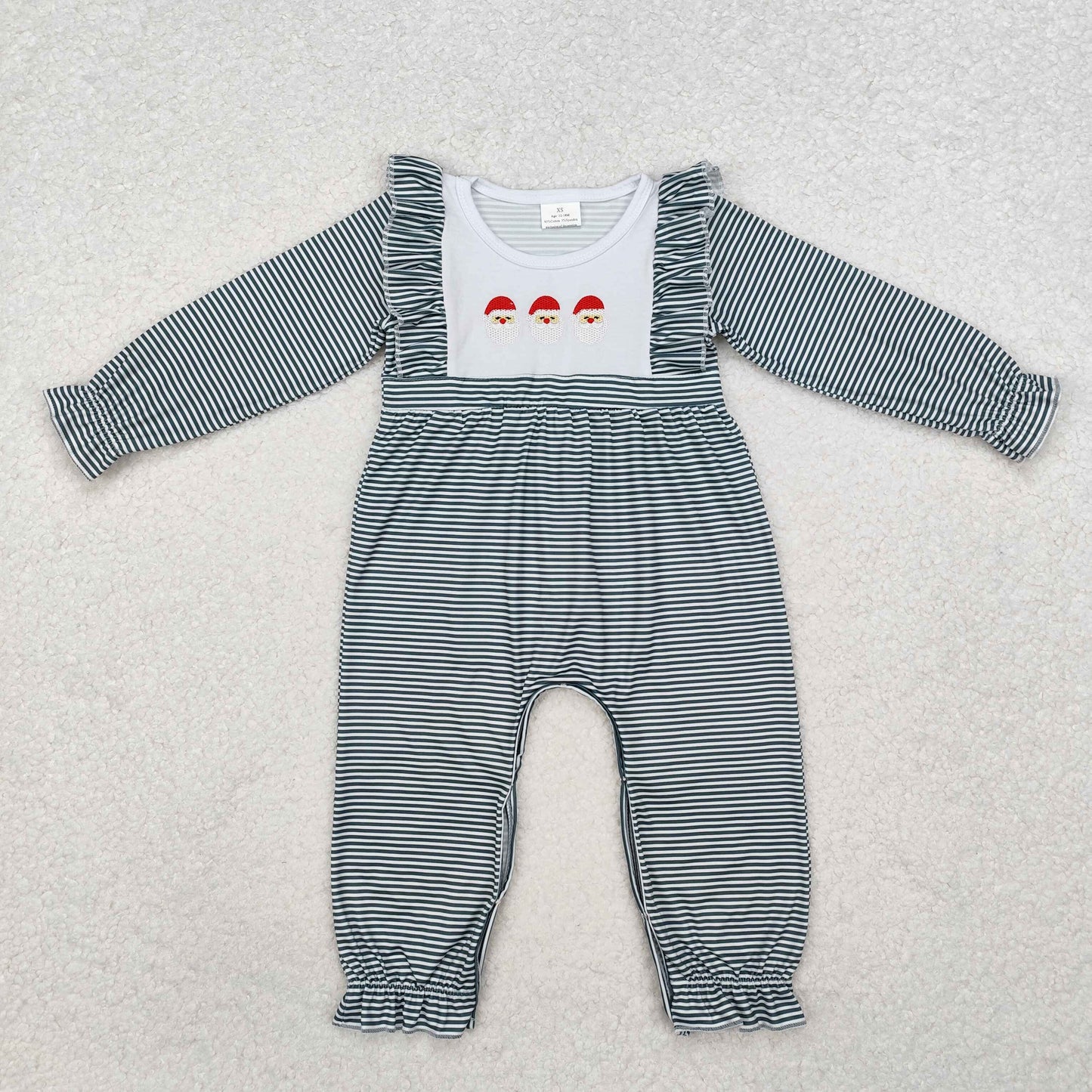 LR1586 Embroidered Christmas Claus Gray Stripe Ruffle Long Sleeve Girls Romper RTS 202511