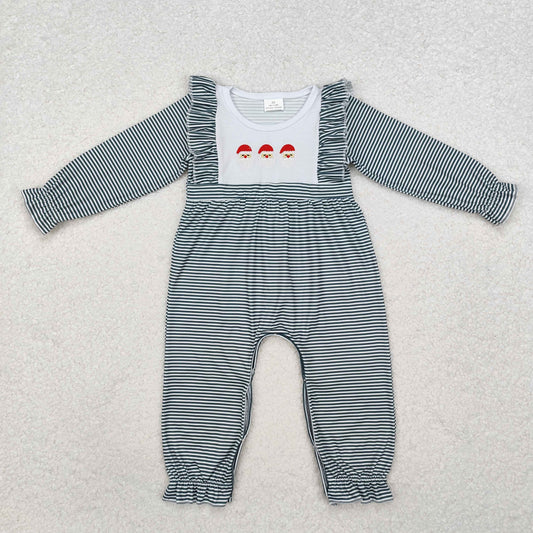LR1586 Embroidered Christmas Claus Gray Stripe Ruffle Long Sleeve Girls Romper RTS 202511
