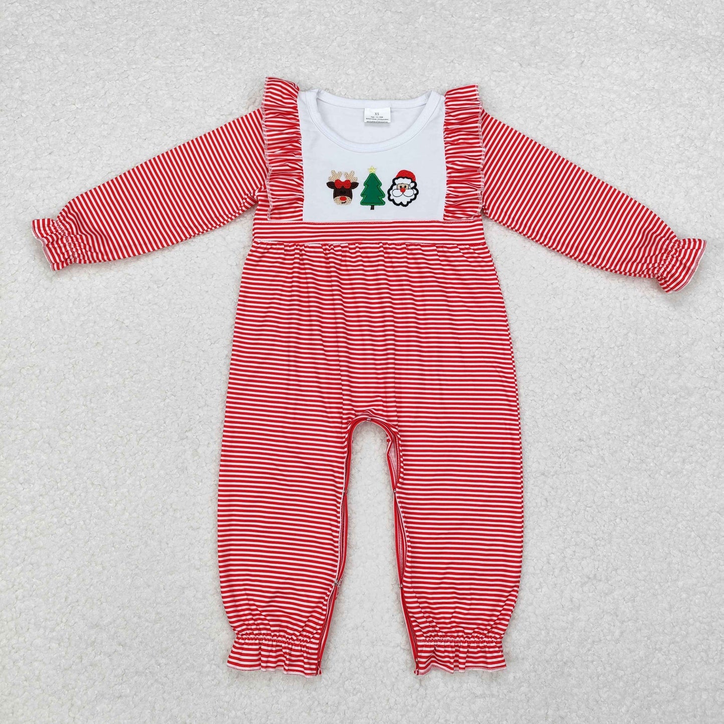 LR1588 Embroidered elk Christmas Tree Santa long sleeve onesie with pink lace