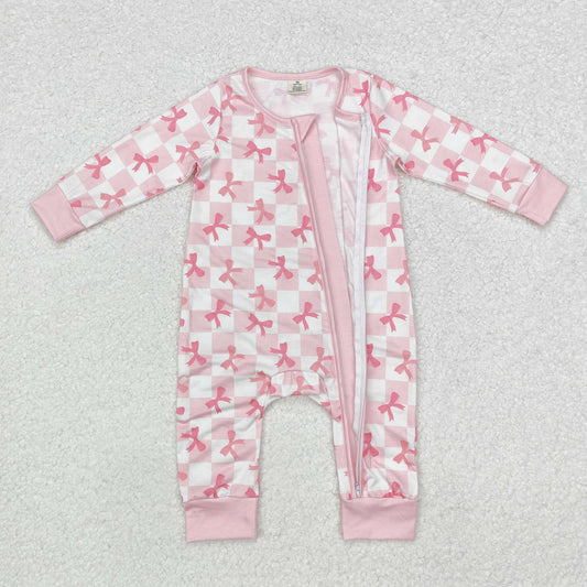 LR1607 Bamboo Pajamas Bows Plaid Pink Zipper Long-Sleeved Girls Romper