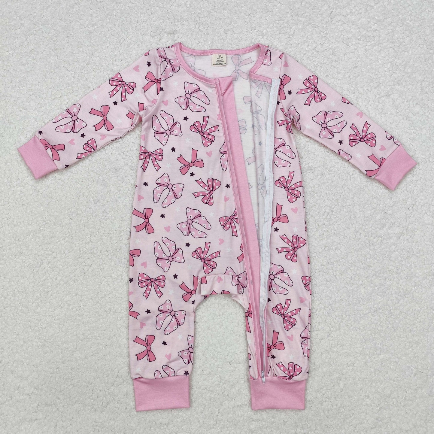 LR1608 BAMBOO Pajamas Bows Star Pink Zipper Long Sleeve Girls Romper RTS 202511