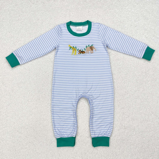 LR1616 Embroidered animal giraffe tiger elephant striped turquoise long-sleeved onesie
