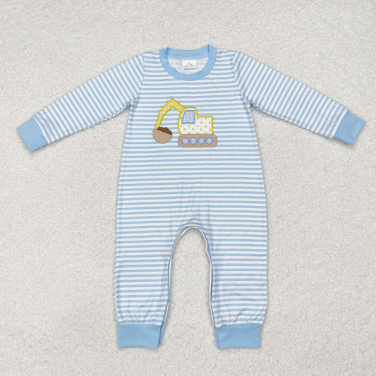 LR1617 Embroidered backhoe engineering car striped turquoise long-sleeved onesie New arrival