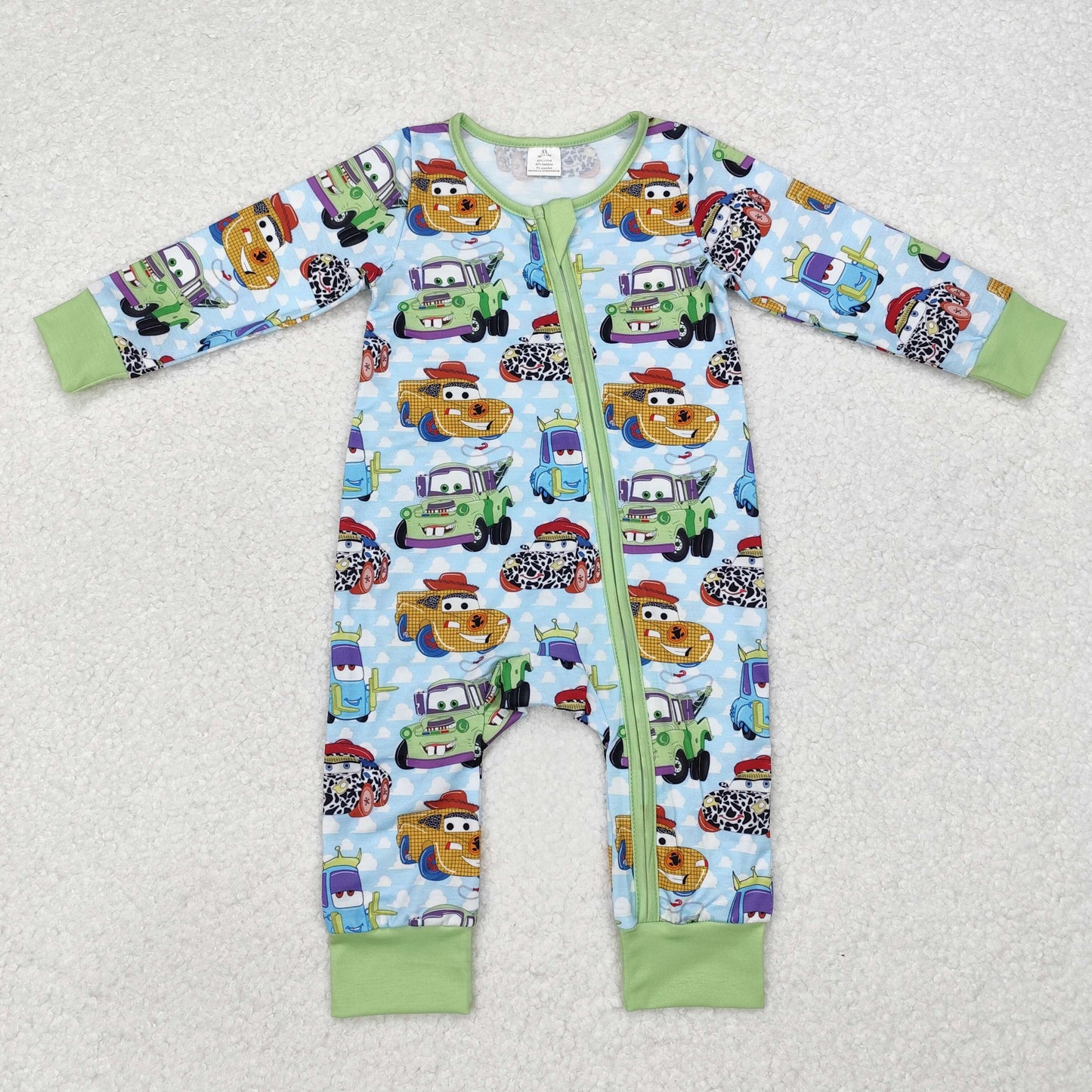 LR1622 Modal cars cartoon car white cloud turquoise zipper long sleeve onesie new arrival