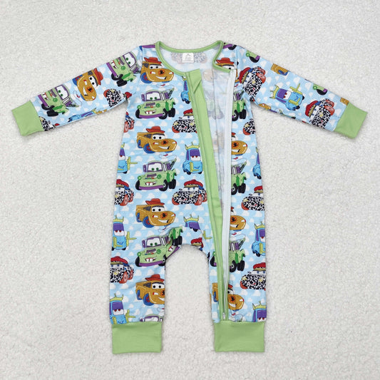 LR1622 Modal cars cartoon car white cloud turquoise zipper long sleeve onesie new arrival