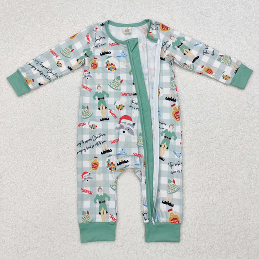 LR1641 Modal Christmas Elf Green plaid zipper long sleeve onesie High quality