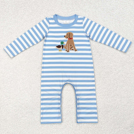 LR1644 Embroidered duck puppy blue and white striped long-sleeved onesie