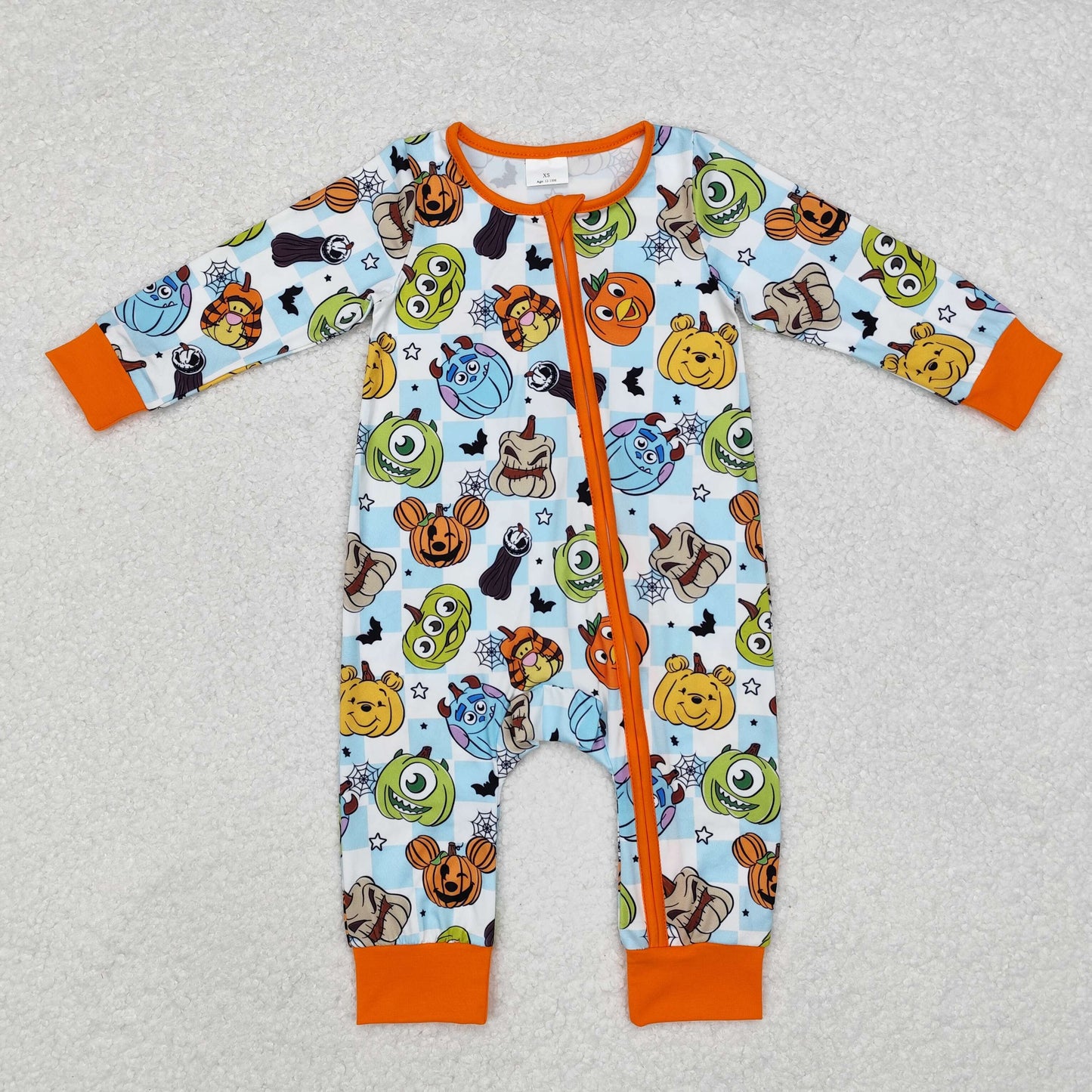 LR1650 Halloween Monsters University Orange trim blue and white checkered zip-up long-sleeved onesie