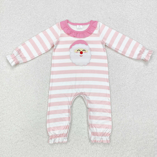 LR1662 Embroidered Santa lace pink-and-white striped long-sleeved onesie