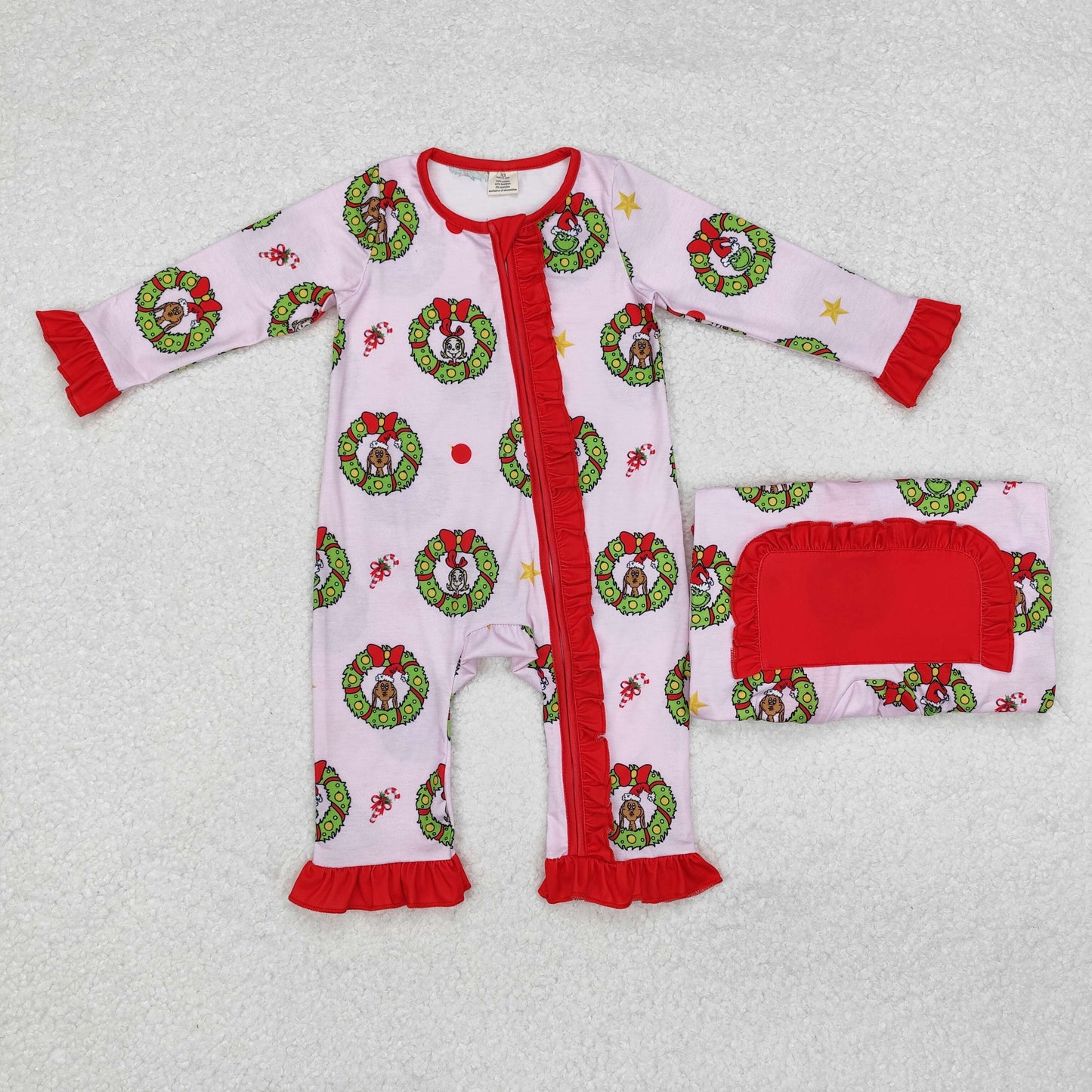 LR1664 Modal Christmas wreath Red lace pink zipper long sleeve onesie