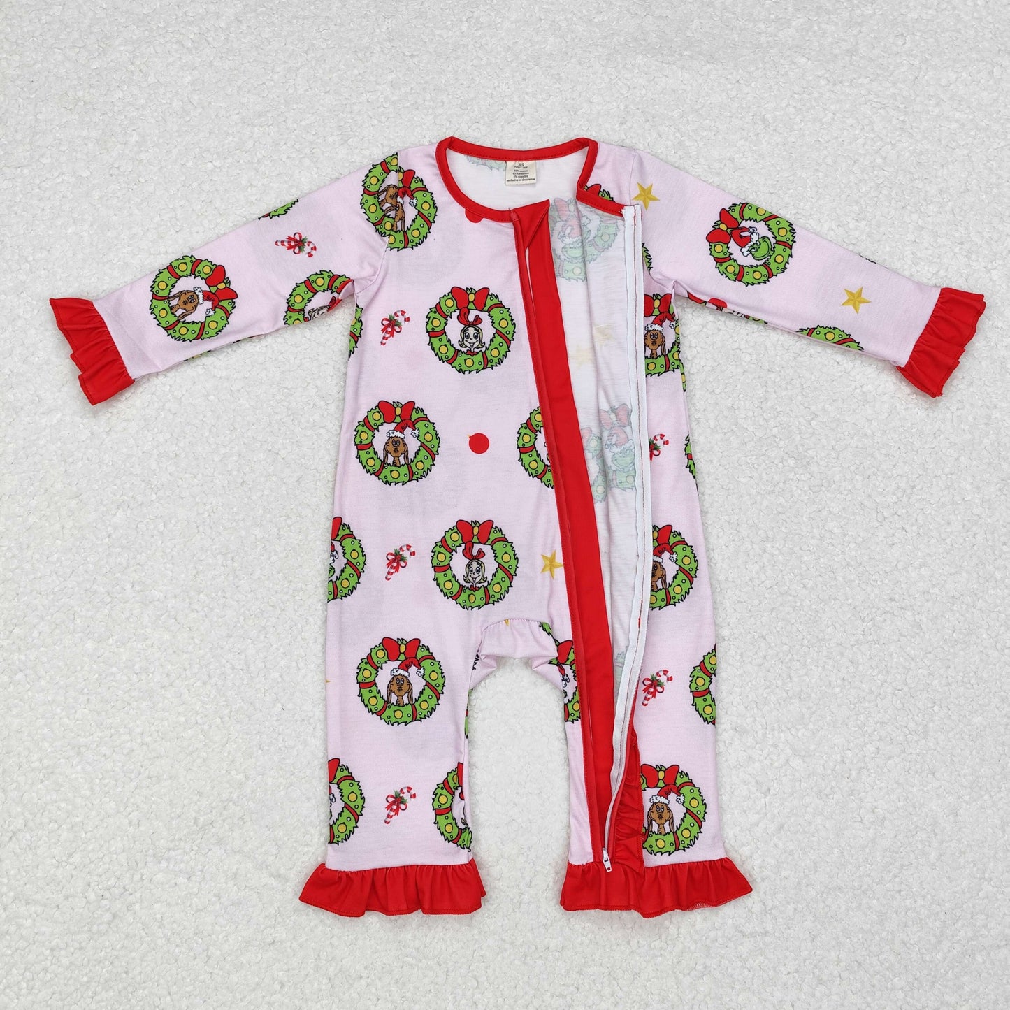 LR1664 Modal Christmas wreath Red lace pink zipper long sleeve onesie