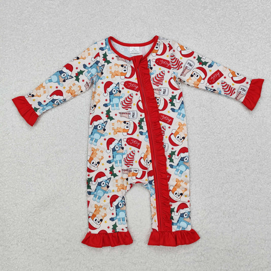 LR1685  Christmas Cartoon Bluey Red Ruffle Zipper Long Sleeve Girls Romper RTS 202510