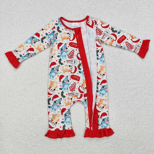 LR1685  Christmas Cartoon Bluey Red Ruffle Zipper Long Sleeve Girls Romper RTS 202510