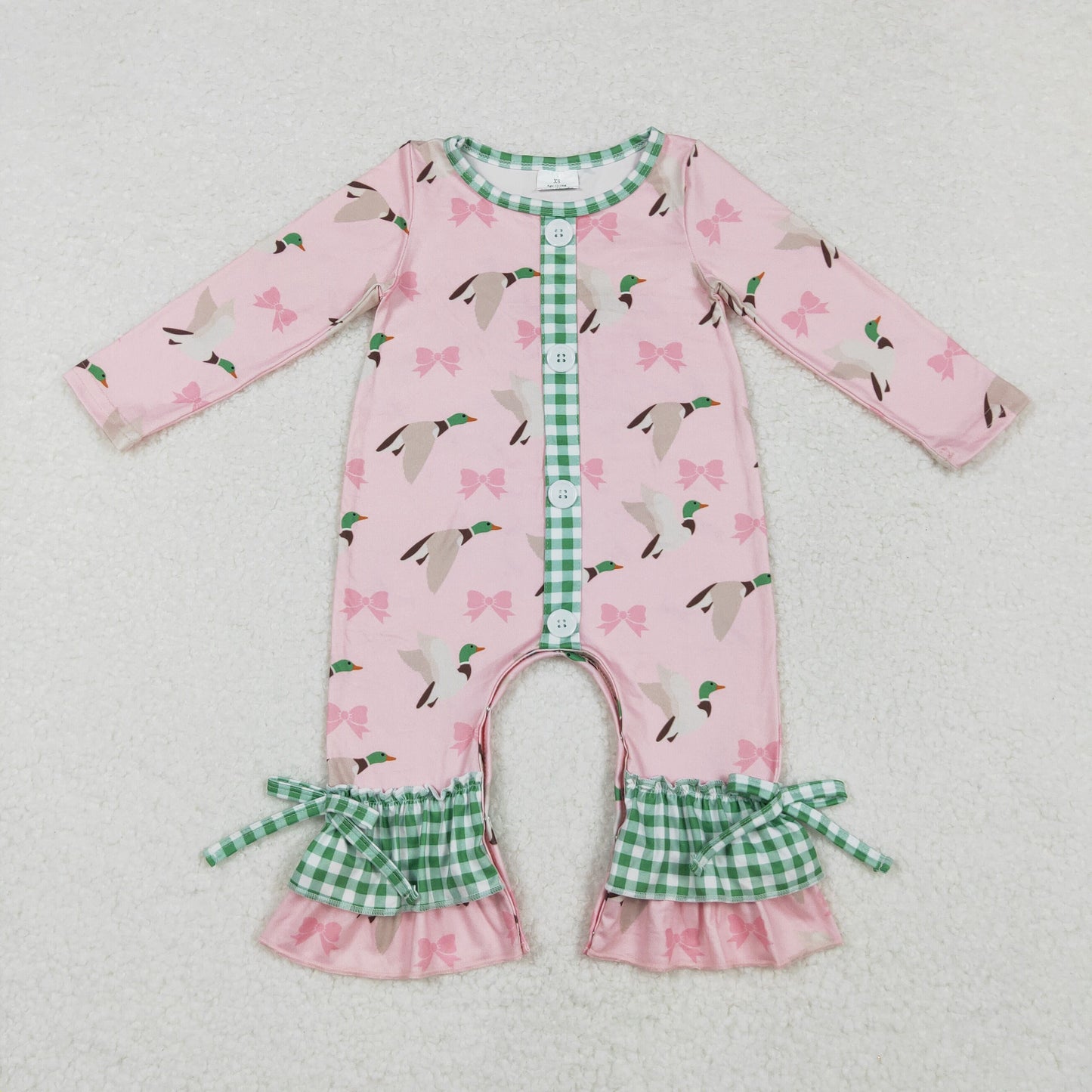 LR1689 Duck bow pattern Green plaid lace pink long-sleeved onesie